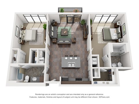 Floor plan for 2 beds, 2 baths, 1031 sqft